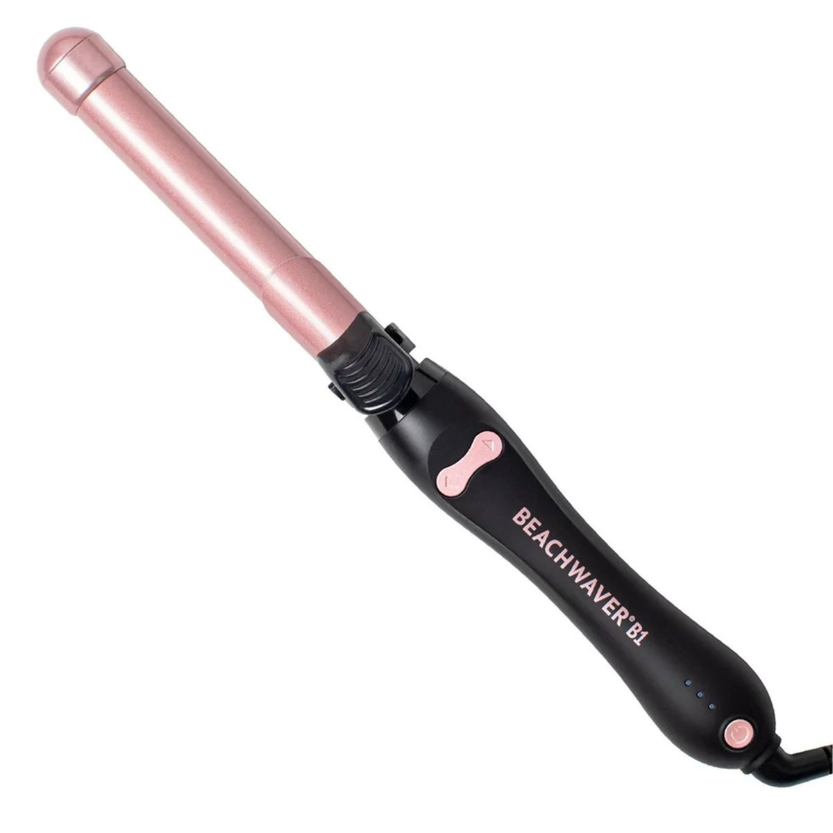 Beachwaver B1 rotating curling iron with a pink barrel and black handle, featuring control buttons and a power indicator.