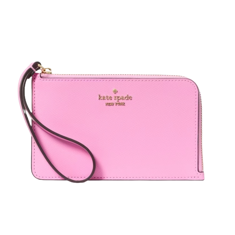 A pink Kate Spade New York \“Small Lucy\“ wristlet with a gold logo, featuring a zip closure and a matching wrist strap.