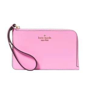 A pink Kate Spade New York \“Small Lucy\“ wristlet with a gold logo, featuring a zip closure and a matching wrist strap.