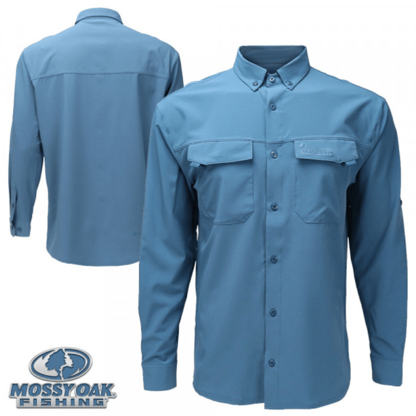 A light blue long-sleeved fishing shirt with front pockets and a Mossy Oak Fishing logo.