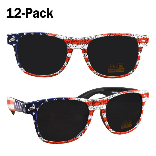 A 12-pack of sunglasses featuring an American flag design with UV400 protection.