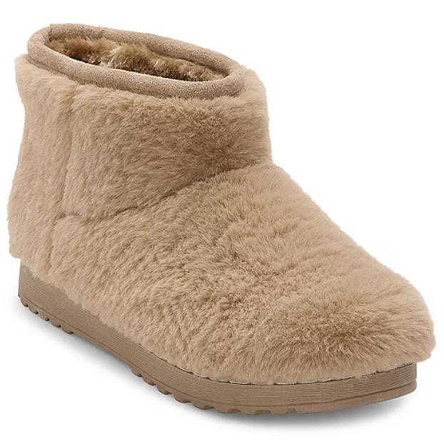 Soft, tan faux-fur ankle boot with a flat rubber sole and rounded toe, providing a cozy and casual look.