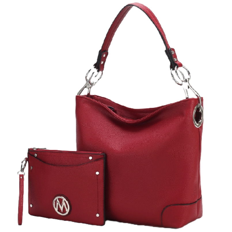 A red leather shoulder bag with silver-tone hardware and a matching wallet with a branded metal logo.