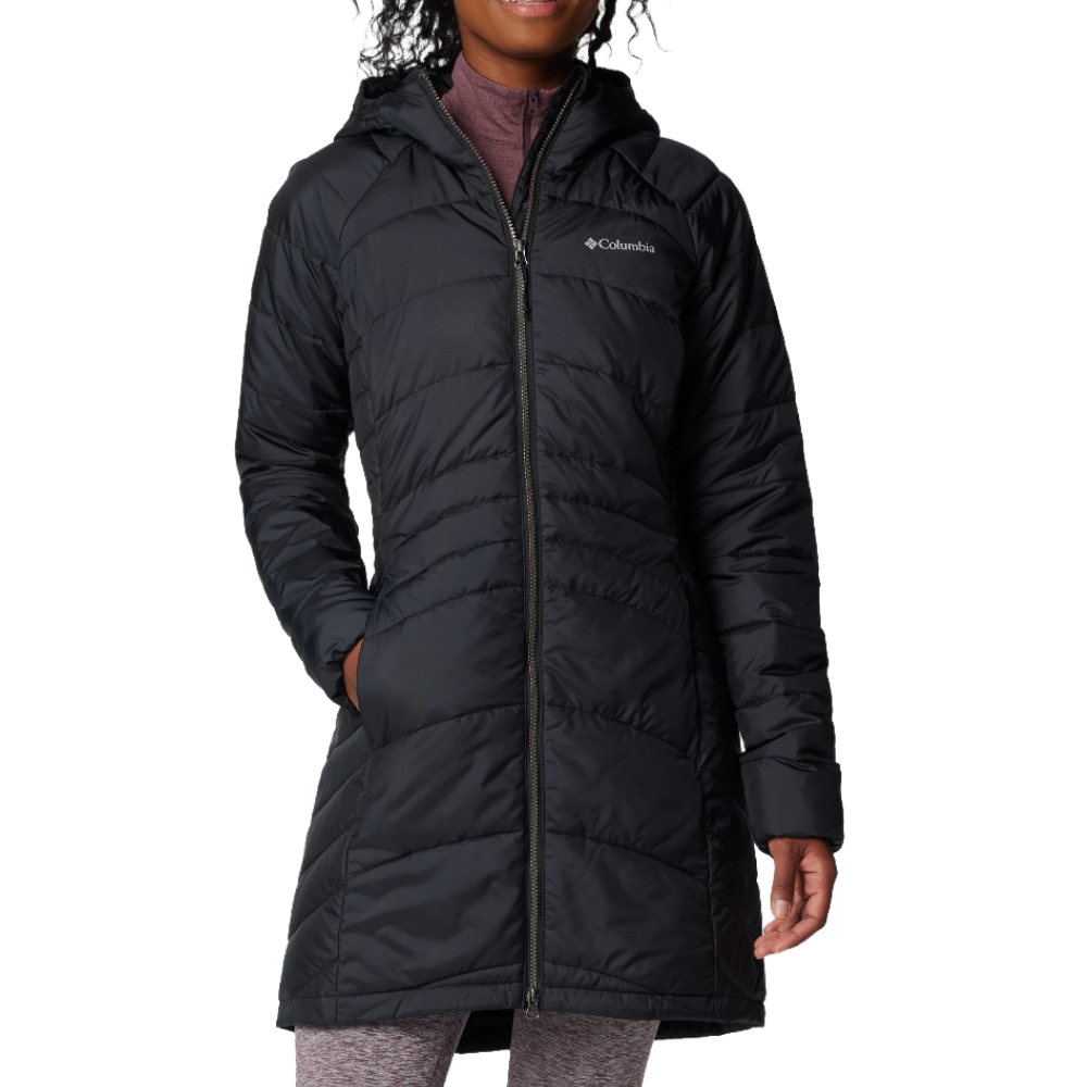 A woman is wearing a black Columbia hooded jacket with a full-length zipper and side pockets, paired with light gray leggings.