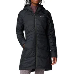 A woman is wearing a black Columbia hooded jacket with a full-length zipper and side pockets, paired with light gray leggings.