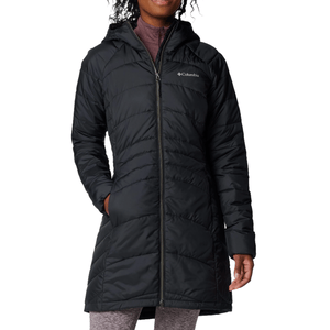 A woman is wearing a black Columbia hooded jacket with a full-length zipper and side pockets, paired with light gray leggings.