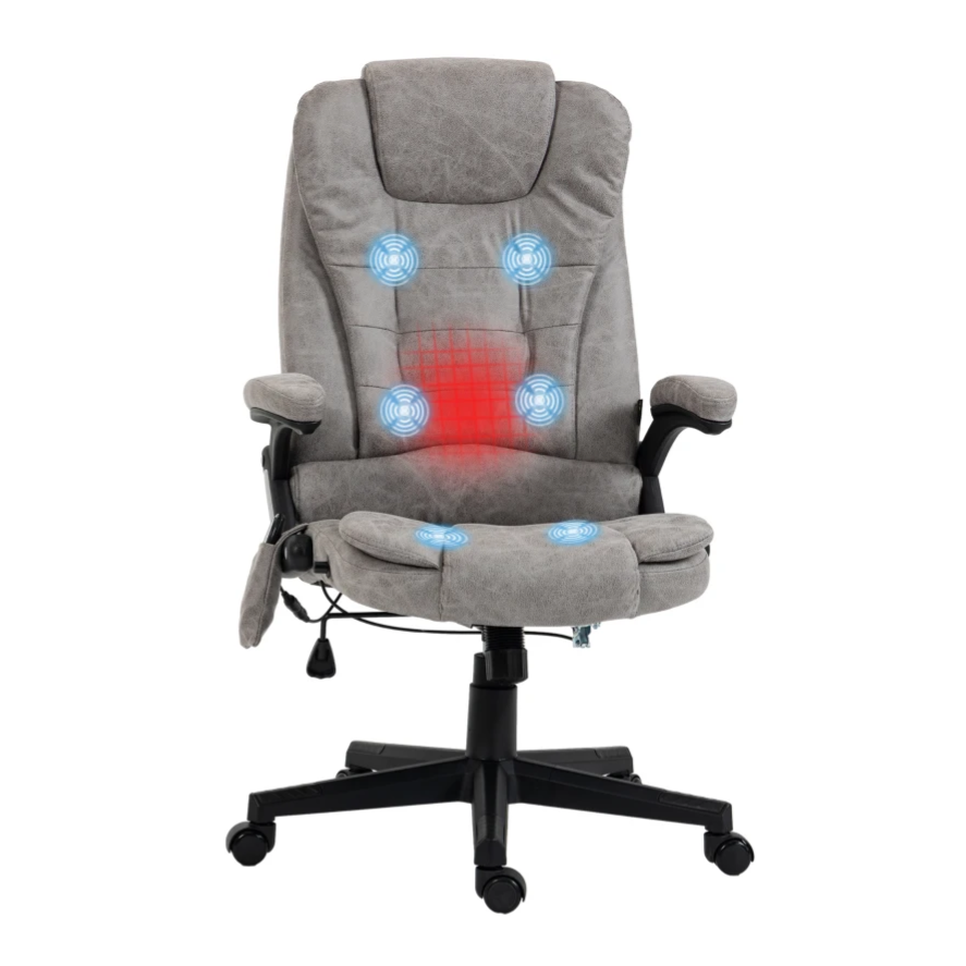 A gray executive office chair with built-in massage and heating features, indicated by blue vibration symbols and a red heating area.