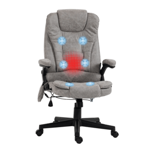 A gray executive office chair with built-in massage and heating features, indicated by blue vibration symbols and a red heating area.