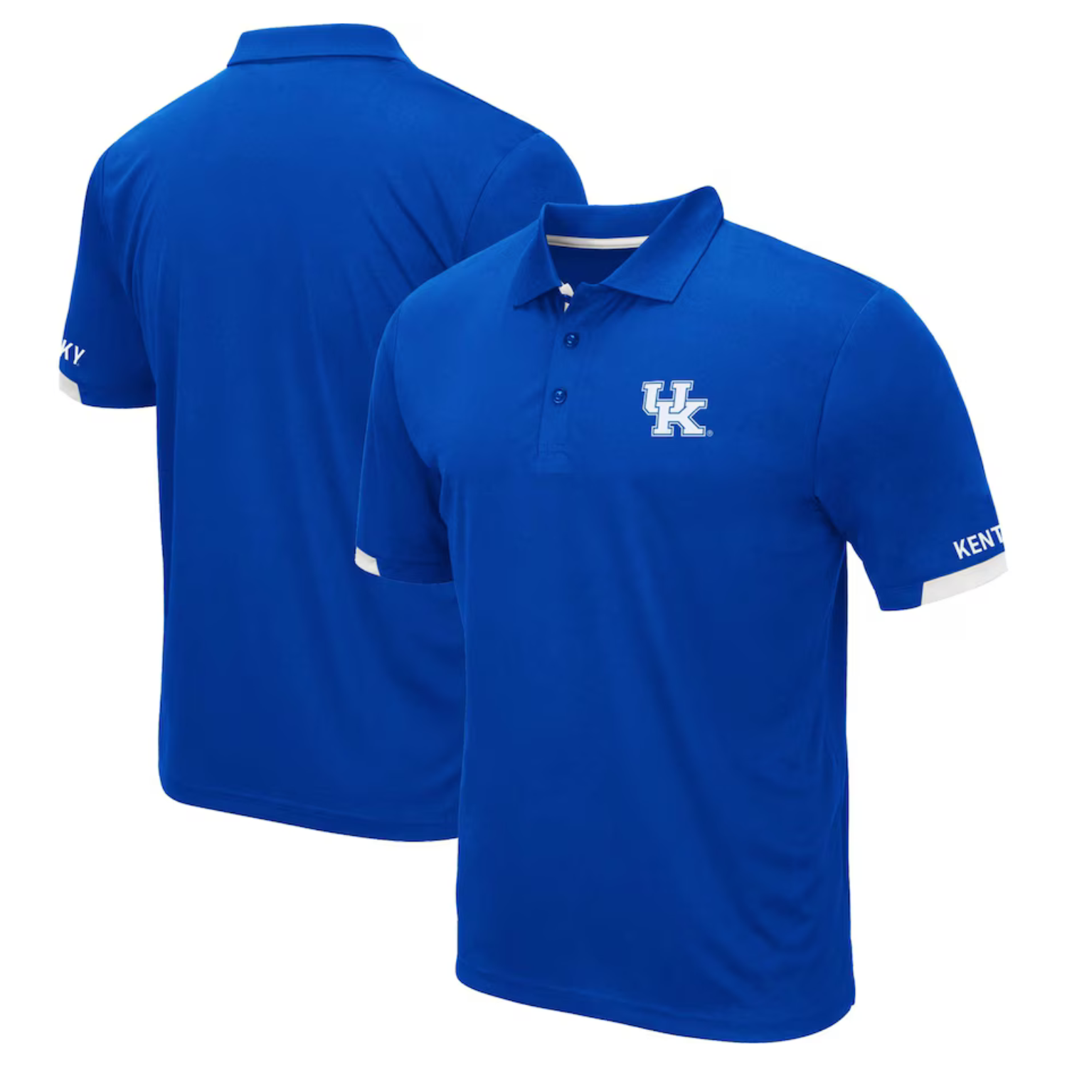 Blue polo shirts featuring a white \“UK\“ logo on the front and \“Kentucky\“ text on the sleeves, with button-up collars and short sleeves.
