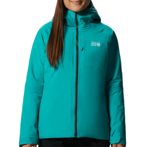 A teal Mountain Hardwear insulated jacket features a hood, full front zipper, and brand logo on the chest, designed for cold weather protection.