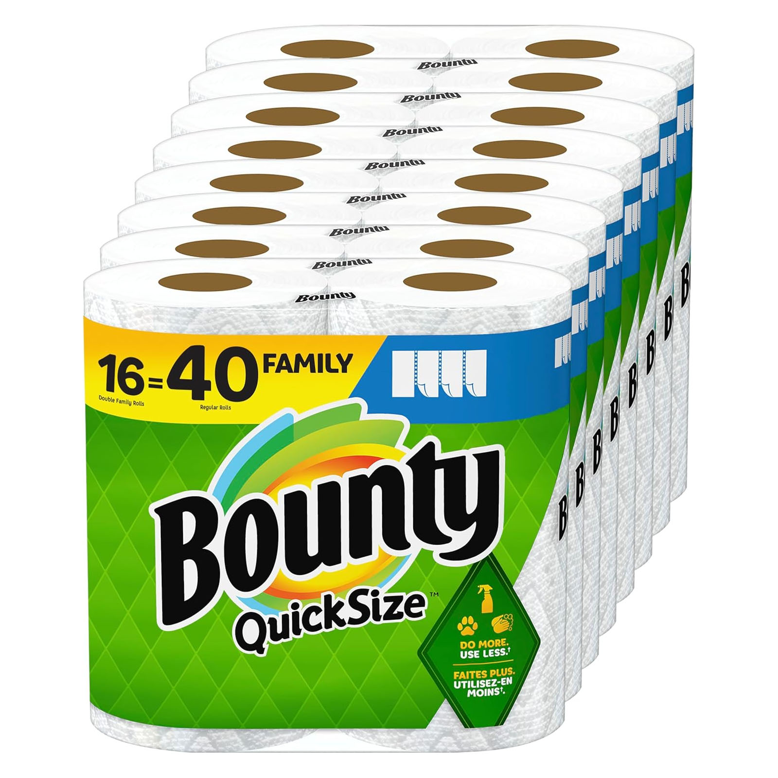 Bounty Quick Size paper towels, 16 rolls equivalent to 40 regular rolls, with the message \“Do More. Use Less.\“ and a green and yellow package design.