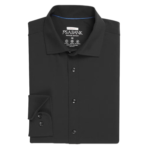 Black slim fit sport shirt by Jos. A. Bank, featuring a Traveler Collection design, long sleeves, and button-up front. Suitable for versatile, stylish, and comfortable wear.