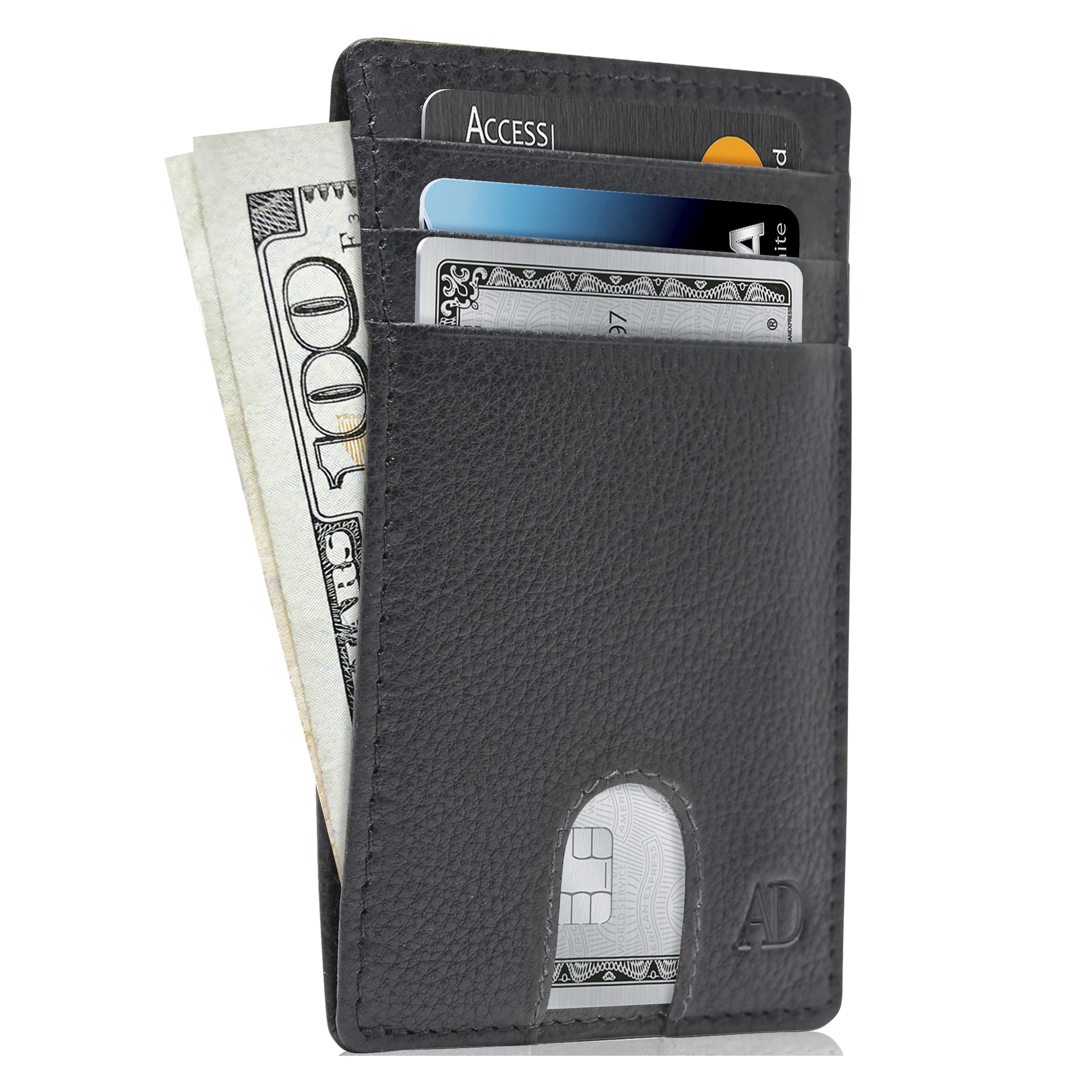 A black slim wallet holding cash and multiple credit cards.