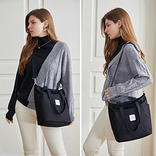 A black canvas tote bag with a white label is showcased on a person's shoulder in two poses, one highlighting the front and the other the side profile.