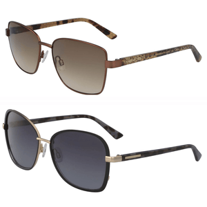 Two pairs of sunglasses: the top pair features brown lenses and ornate patterned arms, the bottom pair has dark lenses and black frames with gold accents.