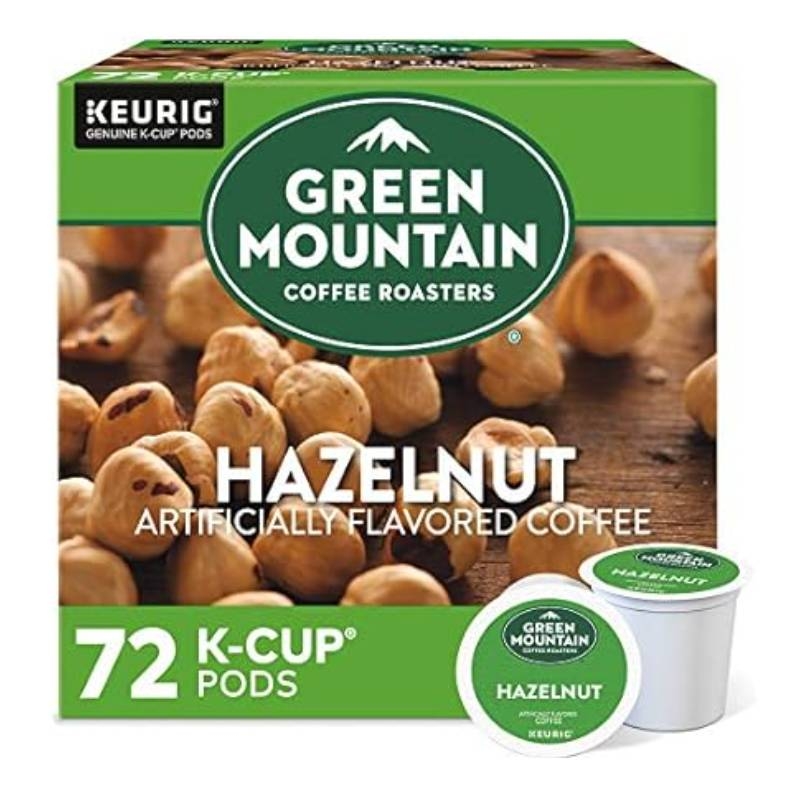 A box of Green Mountain Coffee Roasters Hazelnut flavored K-Cup pods, containing 72 pods for Keurig brewers.