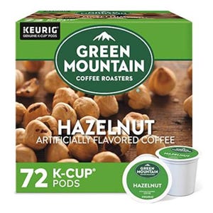 A box of Green Mountain Coffee Roasters Hazelnut flavored K-Cup pods, containing 72 pods for Keurig brewers.