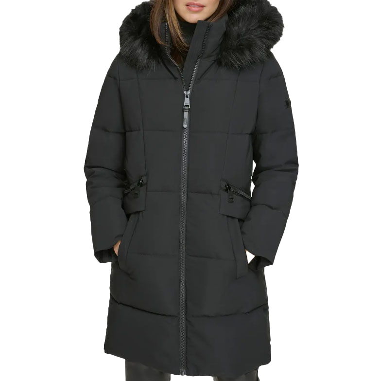 A black long coat with a fur-lined hood and a front zipper.