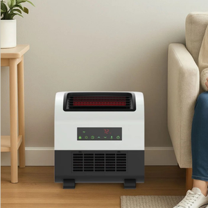 A compact space heater with a digital display showing 72°F is placed beside a seated person, next to a wooden table with a potted plant.