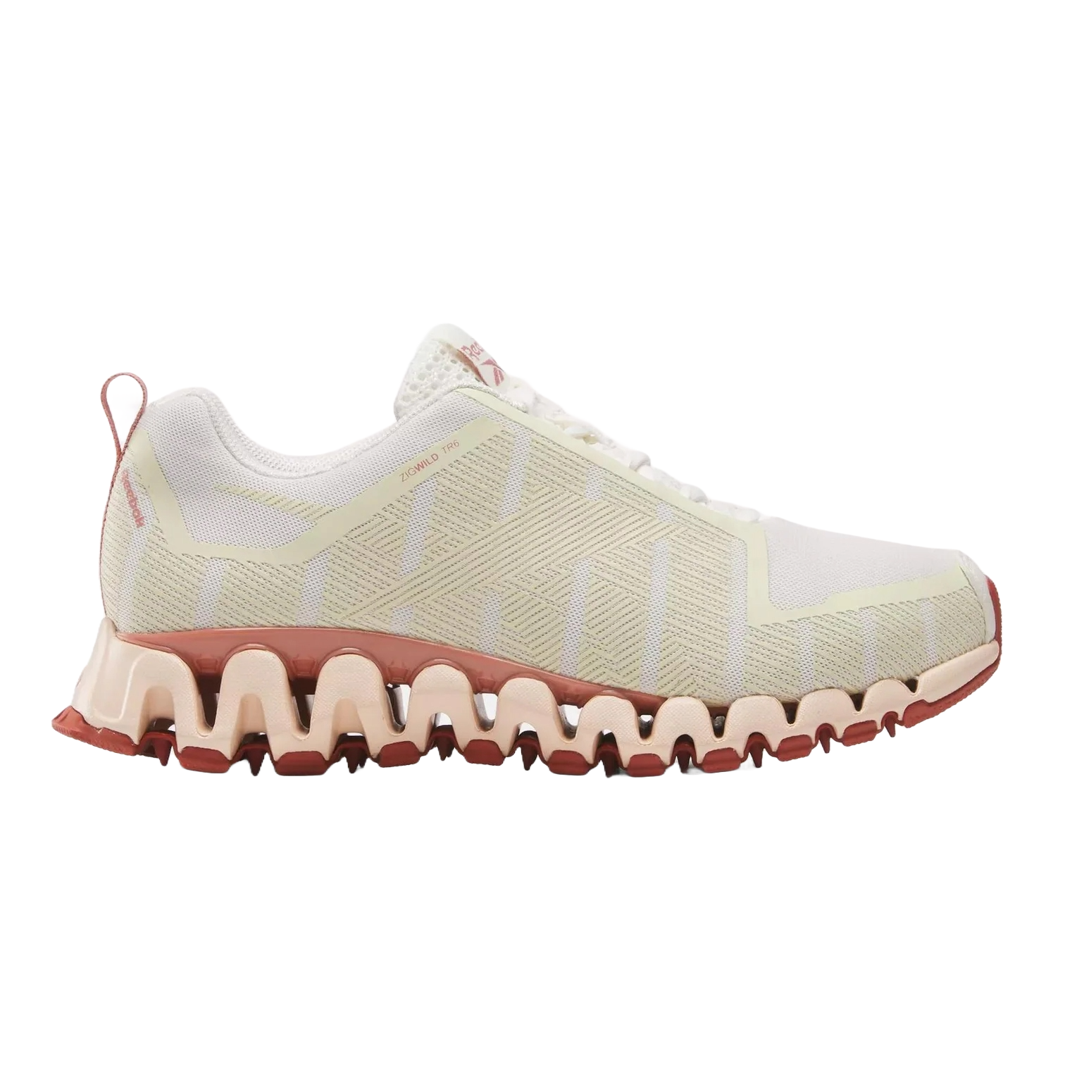 White athletic shoe with a unique, wavy sole design in shades of pink and peach, featuring a branded logo on the tongue and heel loop for easy wear.
