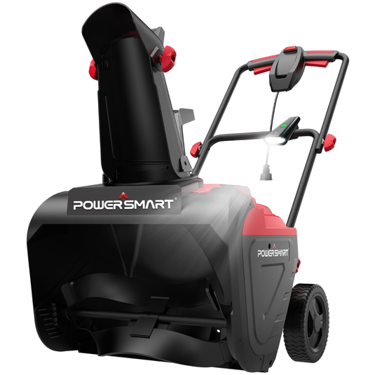 PowerSmart snow blower with a powerful auger, chute, and handle, equipped with a bright LED light for visibility. Features red and black design with wheels for ease of use.