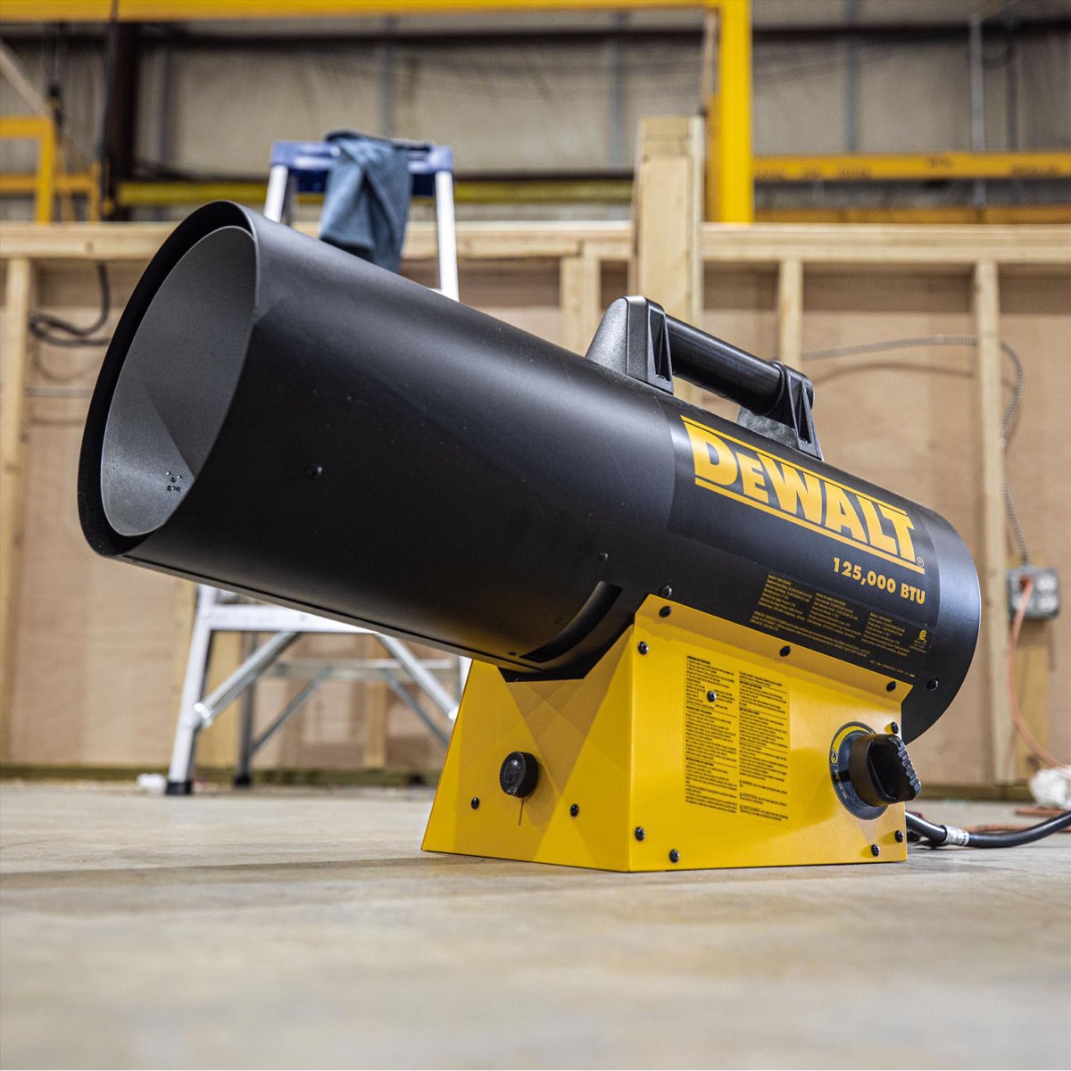 DEWALT propane forced air heater, 125,000 BTU, yellow and black, portable design, suitable for large spaces.