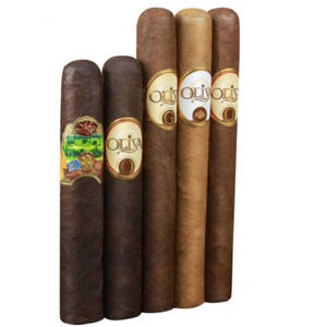A variety of Oliva brand cigars in different shades, featuring distinct bands and wrapper colors, likely indicating different blends or styles.