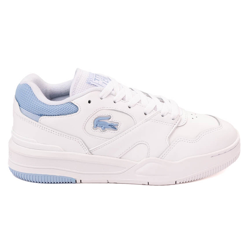 White sneaker with light blue accents and the Lacoste logo on the side.