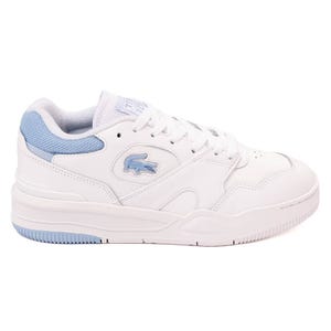 White sneaker with light blue accents and the Lacoste logo on the side.