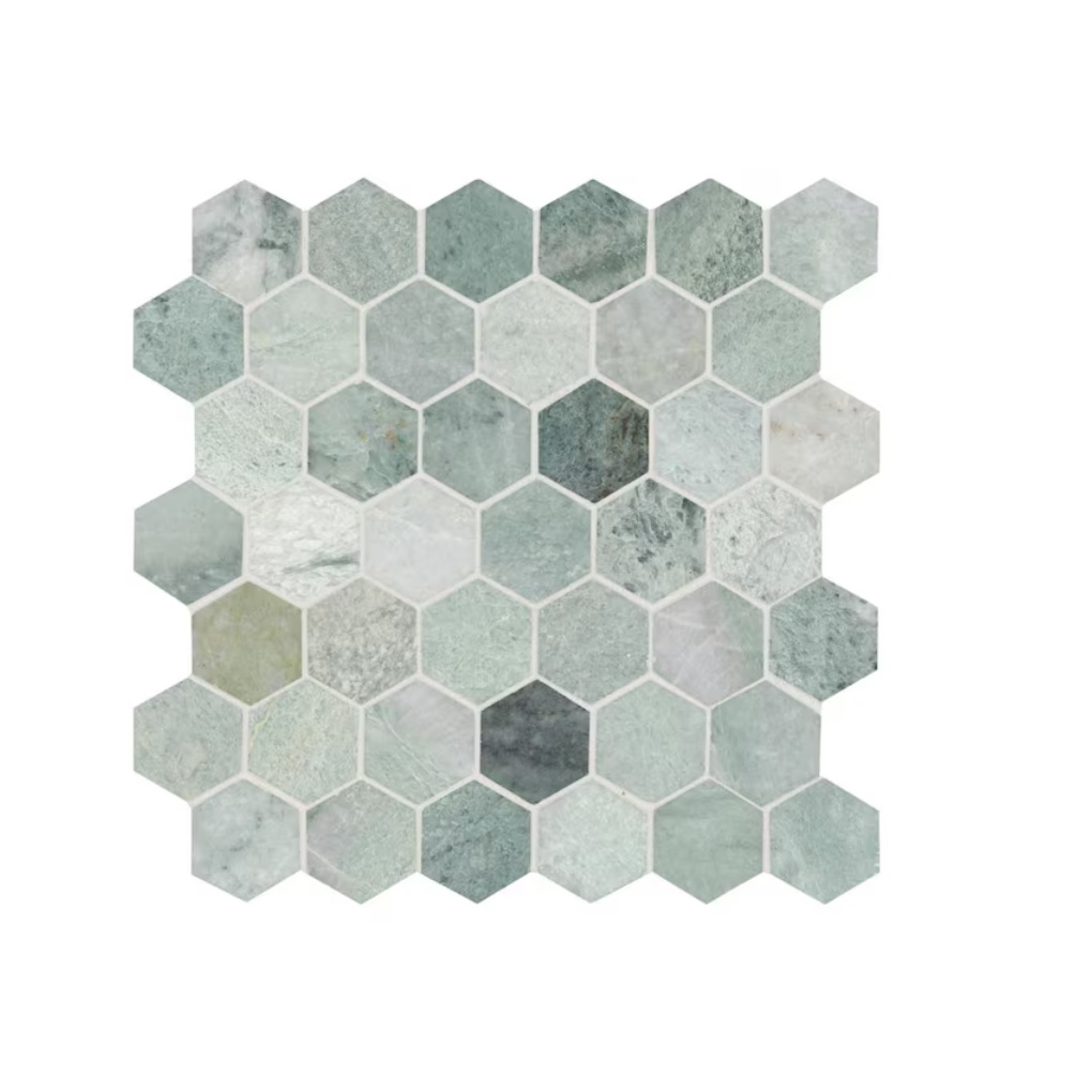 Hexagon mosaic tile sheet with a mix of light green and grey tones, featuring a marble-like texture.