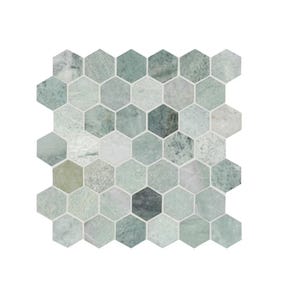 Hexagon mosaic tile sheet with a mix of light green and grey tones, featuring a marble-like texture.