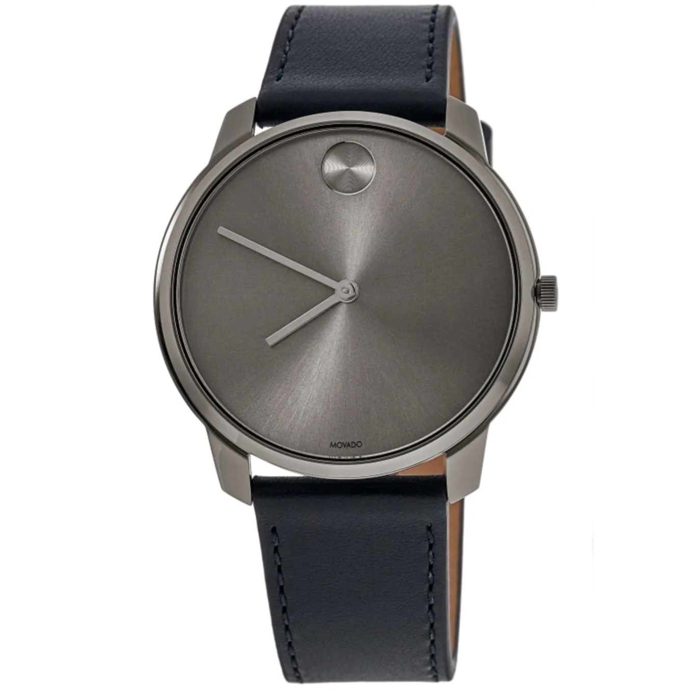 Movado Men's Leather Watch features a sleek stainless steel case, minimalist grey dial, signature concave dot at 12 o'clock, and black leather strap. Perfect for a modern and sophisticated look.