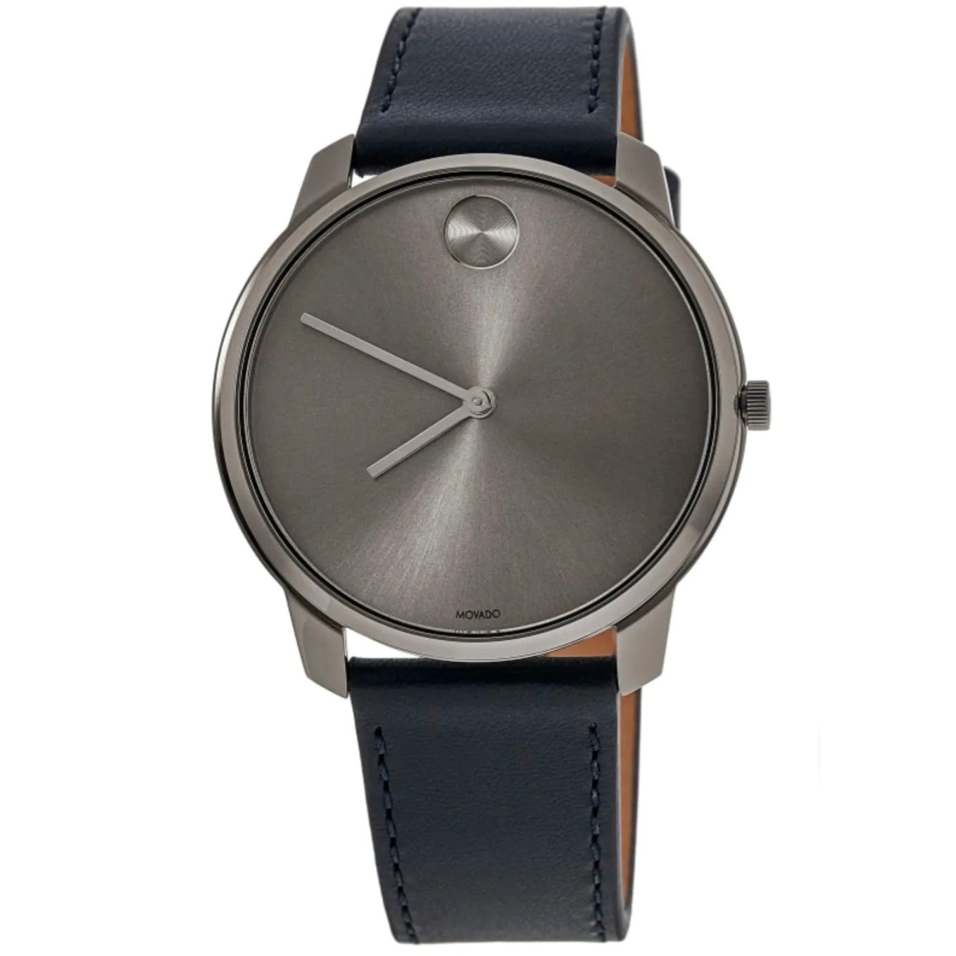 Movado Men's Leather Watch features a sleek stainless steel case, minimalist grey dial, signature concave dot at 12 o'clock, and black leather strap. Perfect for a modern and sophisticated look.