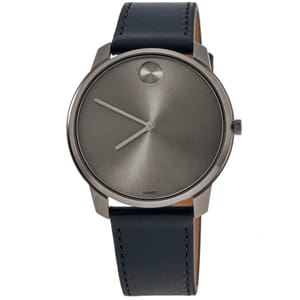 Movado Men's Leather Watch features a sleek stainless steel case, minimalist grey dial, signature concave dot at 12 o'clock, and black leather strap. Perfect for a modern and sophisticated look.