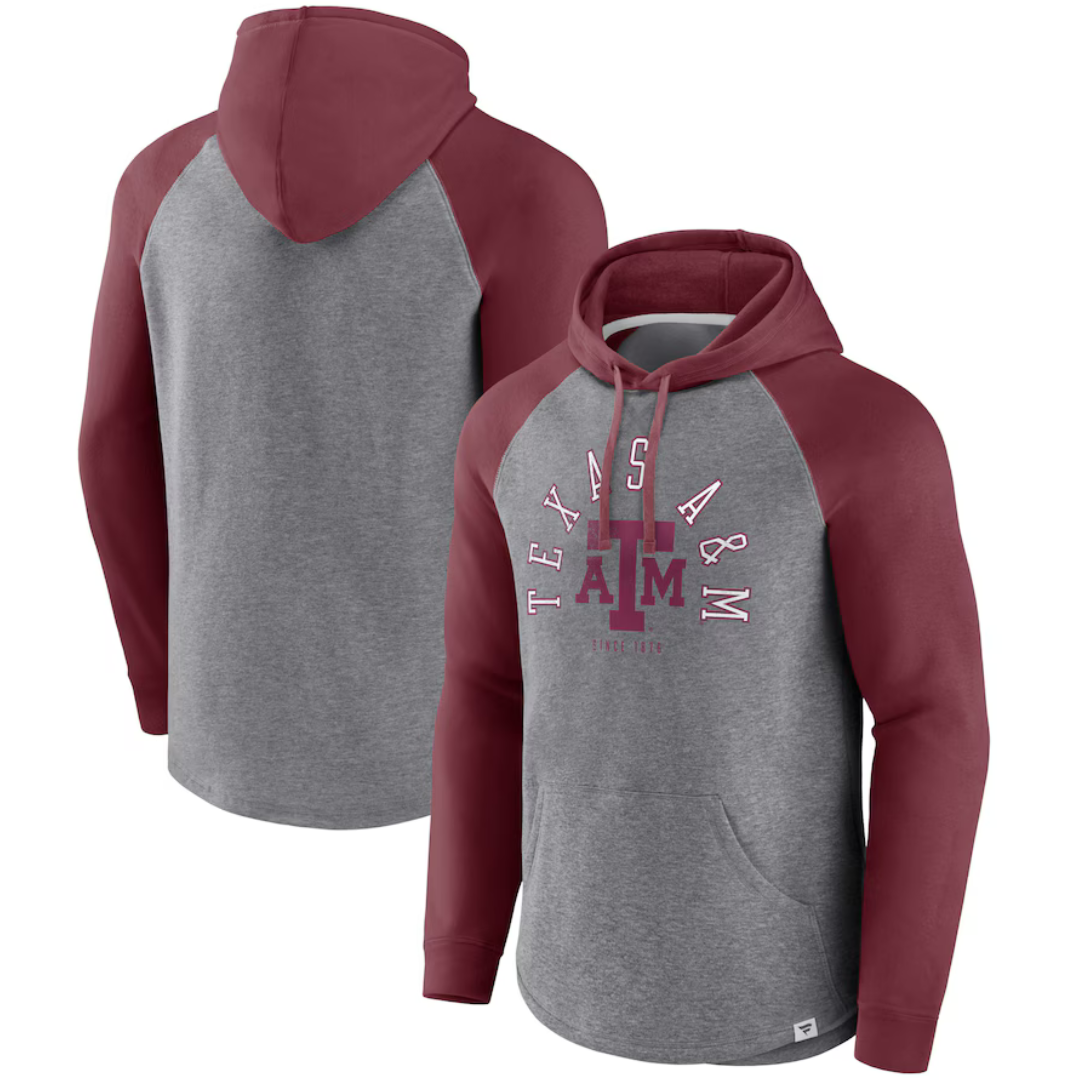 Texas A&M hoodie with maroon raglan sleeves and a gray body, featuring the \“Texas A&M\“ logo and text on the front.