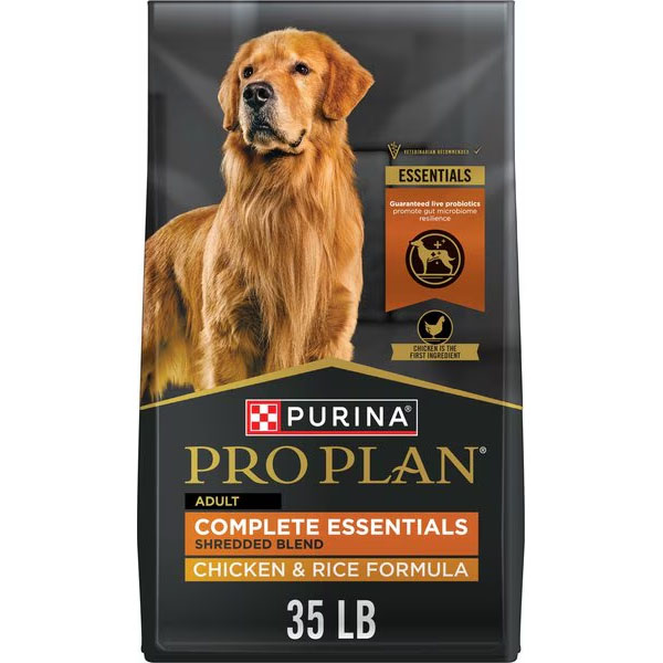 Purina Pro Plan High Protein Dog Food for adults features a shredded blend, chicken and rice formula, weighs 35 lb, and includes live probiotics for digestive health with chicken as the first ingredient.