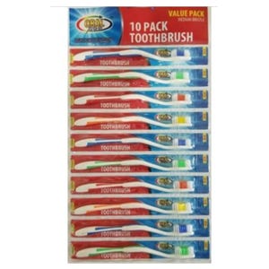 A 10-pack of medium bristle toothbrushes in various colors.