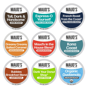 Nine Maud's Gourmet Coffee pods with different roasts: Tall, Dark & Handsome (Dark), Espress-O Yourself (Extra Dark), French Roast (Extra Dark), Dreamy Creamy Salted Caramel (Medium), Maud's in the House (Medium), Kona Coast (Medium), Bubbies Breakfast (Light), Dunk Your Donut (Light), and Organic Guatemala (Medium).