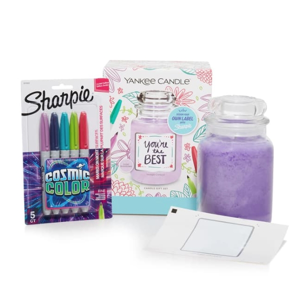 Yankee Candle gift set with a purple candle and customizable label; includes a pack of five Sharpie Cosmic Color markers for personalization.