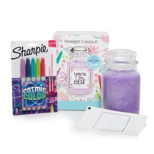 Yankee Candle gift set with a purple candle and customizable label; includes a pack of five Sharpie Cosmic Color markers for personalization.