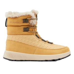 Columbia Slopeside Peak Boots are tan winter boots with fur lining, a textured pattern on the shaft, and lace-up front. They feature a rubber sole for traction and a mid-calf design for added warmth and protection.