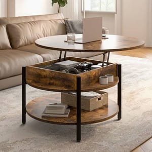Round lift-top coffee table with a rustic wood finish, featuring internal storage and a lower shelf. The table's elevated top is used for holding a laptop and drink, while the storage compartment contains various items and the shelf holds books and a basket.
