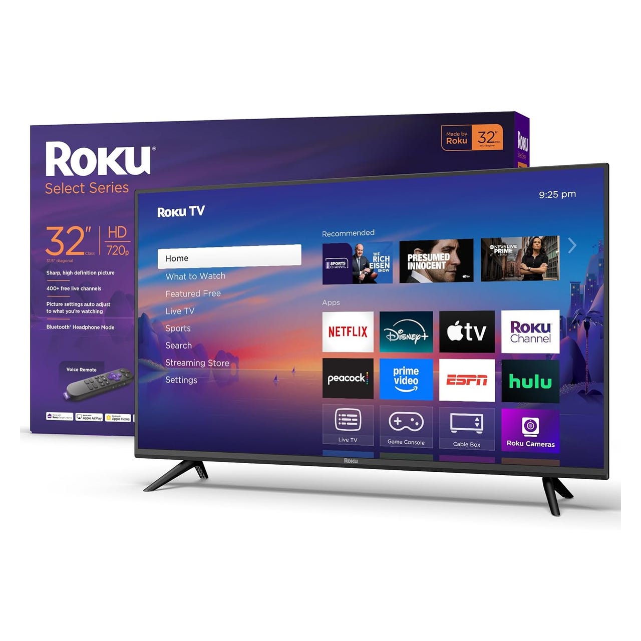 Roku Select Series 32\“ HD TV with 720p resolution, featuring streaming apps like Netflix, Disney+, Apple TV, and more. Includes voice remote and offers Bluetooth headphone mode.