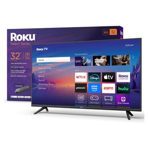 Roku Select Series 32\“ HD TV with 720p resolution, featuring streaming apps like Netflix, Disney+, Apple TV, and more. Includes voice remote and offers Bluetooth headphone mode.