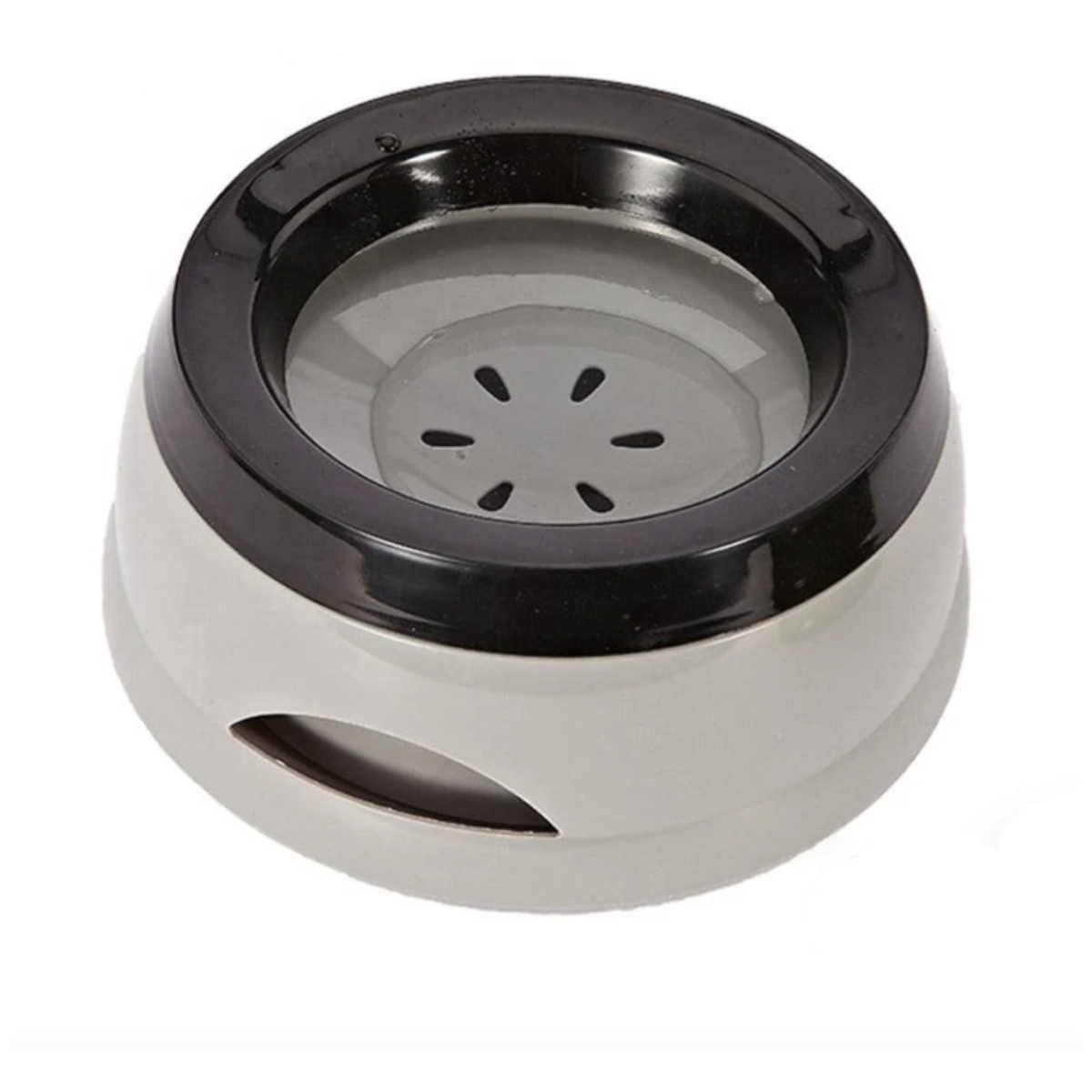 An ashtray with multiple cigarette rest slots and an inner liner, black and silver in color.