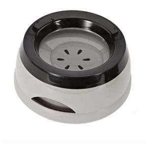 An ashtray with multiple cigarette rest slots and an inner liner, black and silver in color.