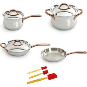 A set of stainless steel cookware including a saucepan with lid, stockpot with lid, sauté pan with lid, skillet, and three red silicone spatulas with wooden handles.