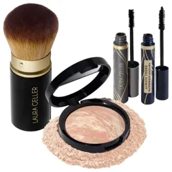Makeup set featuring a kabuki brush, a compact with marbled powder, and two tubes of Laura Geller waterproof mascara in navy and black.