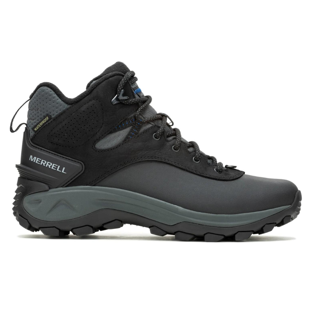 Merrell hiking boot, black with waterproof design, featuring a high ankle support, durable sole with deep treads for traction, and a lace-up closure.