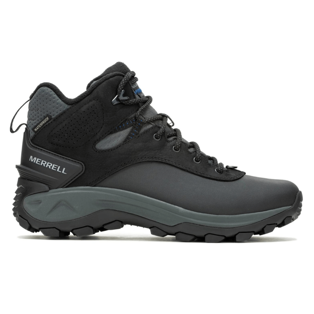 Merrell hiking boot, black with waterproof design, featuring a high ankle support, durable sole with deep treads for traction, and a lace-up closure.